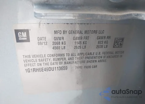 2013 Chevrolet Volt из США, поврежденный, VIN 1G1RH6E49DU113659